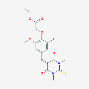 molecular formula C18H19IN2O6S B422363 ethyl {4-[(1,3-dimethyl-4,6-dioxo-2-thioxotetrahydropyrimidin-5(2H)-ylidene)methyl]-2-iodo-6-methoxyphenoxy}acetate 