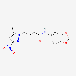 molecular formula C15H16N4O5 B4223676 N-(2H-1,3-Benzodioxol-5-YL)-4-(5-methyl-3-nitro-1H-pyrazol-1-YL)butanamide 