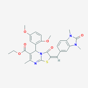 molecular formula C28H28N4O6S B422370 ethyl (2E)-5-(2,5-dimethoxyphenyl)-2-[(1,3-dimethyl-2-oxo-2,3-dihydro-1H-benzimidazol-5-yl)methylidene]-7-methyl-3-oxo-2,3-dihydro-5H-[1,3]thiazolo[3,2-a]pyrimidine-6-carboxylate 