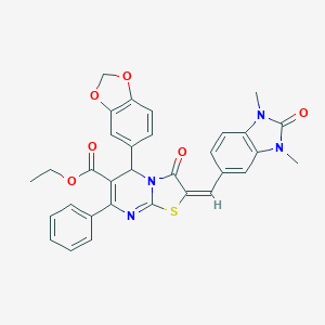 molecular formula C32H26N4O6S B422411 ethyl 5-(1,3-benzodioxol-5-yl)-2-[(1,3-dimethyl-2-oxo-2,3-dihydro-1H-benzimidazol-5-yl)methylene]-3-oxo-7-phenyl-2,3-dihydro-5H-[1,3]thiazolo[3,2-a]pyrimidine-6-carboxylate 
