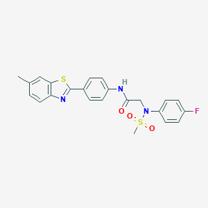 molecular formula C23H20FN3O3S2 B422425 2-[4-fluoro(methylsulfonyl)anilino]-N-[4-(6-methyl-1,3-benzothiazol-2-yl)phenyl]acetamide 