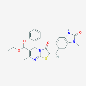 molecular formula C26H24N4O4S B422556 ETHYL (2E)-2-[(1,3-DIMETHYL-2-OXO-2,3-DIHYDRO-1H-1,3-BENZODIAZOL-5-YL)METHYLIDENE]-7-METHYL-3-OXO-5-PHENYL-2H,3H,5H-[1,3]THIAZOLO[3,2-A]PYRIMIDINE-6-CARBOXYLATE 