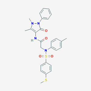 molecular formula C27H28N4O4S2 B422573 N-(1,5-DIMETHYL-3-OXO-2-PHENYL-2,3-DIHYDRO-1H-PYRAZOL-4-YL)-2-[N-(4-METHYLPHENYL)4-(METHYLSULFANYL)BENZENESULFONAMIDO]ACETAMIDE 