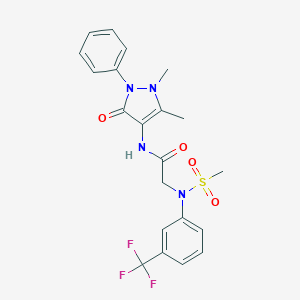 molecular formula C21H21F3N4O4S B422576 N-(1,5-DIMETHYL-3-OXO-2-PHENYL-2,3-DIHYDRO-1H-PYRAZOL-4-YL)-2-{N-[3-(TRIFLUOROMETHYL)PHENYL]METHANESULFONAMIDO}ACETAMIDE 