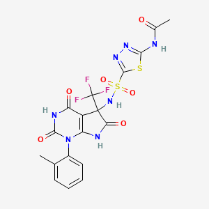 molecular formula C18H14F3N7O6S2 B4226388 N-(5-{[1-(2-methylphenyl)-2,4,6-trioxo-5-(trifluoromethyl)-2,3,4,5,6,7-hexahydro-1H-pyrrolo[2,3-d]pyrimidin-5-yl]sulfamoyl}-1,3,4-thiadiazol-2-yl)acetamide 