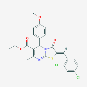 molecular formula C24H20Cl2N2O4S B422823 ETHYL (2Z)-2-[(2,4-DICHLOROPHENYL)METHYLIDENE]-5-(4-METHOXYPHENYL)-7-METHYL-3-OXO-2H,3H,5H-[1,3]THIAZOLO[3,2-A]PYRIMIDINE-6-CARBOXYLATE 