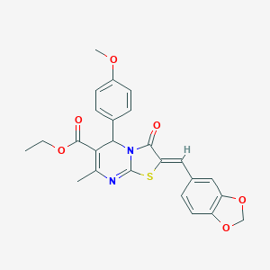 molecular formula C25H22N2O6S B422828 ETHYL (2Z)-2-[(2H-1,3-BENZODIOXOL-5-YL)METHYLIDENE]-5-(4-METHOXYPHENYL)-7-METHYL-3-OXO-2H,3H,5H-[1,3]THIAZOLO[3,2-A]PYRIMIDINE-6-CARBOXYLATE 