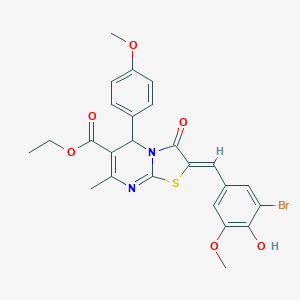 molecular formula C25H23BrN2O6S B422830 ETHYL (2Z)-2-[(3-BROMO-4-HYDROXY-5-METHOXYPHENYL)METHYLIDENE]-5-(4-METHOXYPHENYL)-7-METHYL-3-OXO-2H,3H,5H-[1,3]THIAZOLO[3,2-A]PYRIMIDINE-6-CARBOXYLATE 
