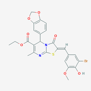 molecular formula C25H21BrN2O7S B422835 ETHYL (2Z)-5-(2H-1,3-BENZODIOXOL-5-YL)-2-[(3-BROMO-4-HYDROXY-5-METHOXYPHENYL)METHYLIDENE]-7-METHYL-3-OXO-2H,3H,5H-[1,3]THIAZOLO[3,2-A]PYRIMIDINE-6-CARBOXYLATE 
