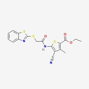 molecular formula C18H15N3O3S3 B4228682 Ethyl 5-[[2-(1,3-benzothiazol-2-ylsulfanyl)acetyl]amino]-4-cyano-3-methylthiophene-2-carboxylate 