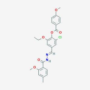 molecular formula C26H25ClN2O6 B422947 2-CHLORO-6-ETHOXY-4-{[(E)-2-(2-METHOXY-4-METHYLBENZOYL)HYDRAZONO]METHYL}PHENYL 4-METHOXYBENZOATE 
