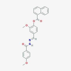 molecular formula C27H22N2O5 B422950 2-METHOXY-4-{[(E)-2-(4-METHOXYBENZOYL)HYDRAZONO]METHYL}PHENYL 1-NAPHTHOATE 