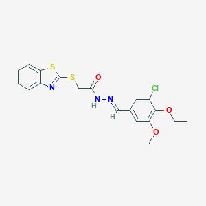 molecular formula C19H18ClN3O3S2 B422979 2-(1,3-BENZOTHIAZOL-2-YLSULFANYL)-N'~1~-[(E)-1-(3-CHLORO-4-ETHOXY-5-METHOXYPHENYL)METHYLIDENE]ACETOHYDRAZIDE 