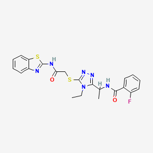 molecular formula C22H21FN6O2S2 B4230235 N-[1-(5-{[2-(1,3-benzothiazol-2-ylamino)-2-oxoethyl]sulfanyl}-4-ethyl-4H-1,2,4-triazol-3-yl)ethyl]-2-fluorobenzamide 