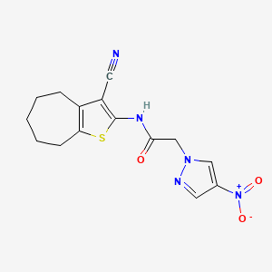 molecular formula C15H15N5O3S B4230447 N-{3-CYANO-4H,5H,6H,7H,8H-CYCLOHEPTA[B]THIOPHEN-2-YL}-2-(4-NITRO-1H-PYRAZOL-1-YL)ACETAMIDE 