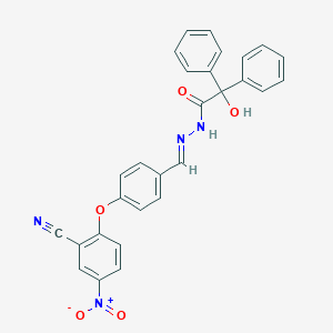 molecular formula C28H20N4O5 B423084 N'~1~-{(E)-1-[4-(2-CYANO-4-NITROPHENOXY)PHENYL]METHYLIDENE}-2-HYDROXY-2,2-DIPHENYLACETOHYDRAZIDE 