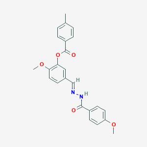 molecular formula C24H22N2O5 B423105 2-METHOXY-5-{[(E)-2-(4-METHOXYBENZOYL)HYDRAZONO]METHYL}PHENYL 4-METHYLBENZOATE 