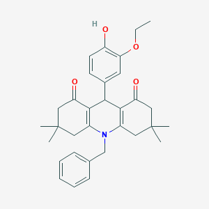 molecular formula C32H37NO4 B423131 10-benzyl-9-(3-ethoxy-4-hydroxyphenyl)-3,3,6,6-tetramethyl-3,4,6,7,9,10-hexahydro-1,8(2H,5H)-acridinedione 