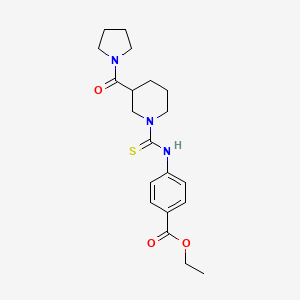 molecular formula C20H27N3O3S B4231916 ethyl 4-({[3-(1-pyrrolidinylcarbonyl)-1-piperidinyl]carbonothioyl}amino)benzoate 