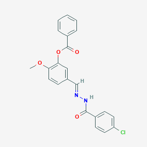 molecular formula C22H17ClN2O4 B423194 5-{[(E)-2-(4-CHLOROBENZOYL)HYDRAZONO]METHYL}-2-METHOXYPHENYL BENZOATE 