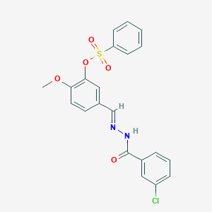 molecular formula C21H17ClN2O5S B423224 5-{[(E)-2-(3-CHLOROBENZOYL)HYDRAZONO]METHYL}-2-METHOXYPHENYL 1-BENZENESULFONATE 
