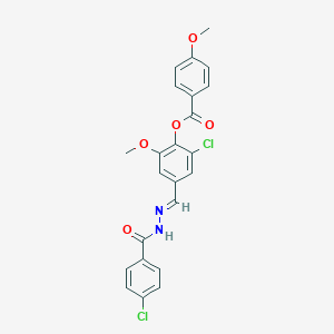 molecular formula C23H18Cl2N2O5 B423254 2-CHLORO-4-{[(E)-2-(4-CHLOROBENZOYL)HYDRAZONO]METHYL}-6-METHOXYPHENYL 4-METHOXYBENZOATE 