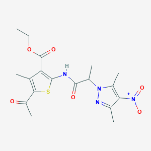 molecular formula C18H22N4O6S B4233085 Ethyl 5-acetyl-2-[2-(3,5-dimethyl-4-nitropyrazol-1-yl)propanoylamino]-4-methylthiophene-3-carboxylate 