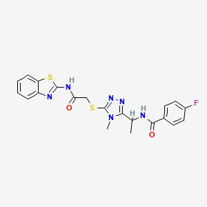 molecular formula C21H19FN6O2S2 B4233641 N-[1-[5-[2-(1,3-benzothiazol-2-ylamino)-2-oxoethyl]sulfanyl-4-methyl-1,2,4-triazol-3-yl]ethyl]-4-fluorobenzamide 