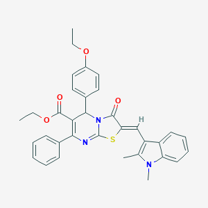 molecular formula C34H31N3O4S B423460 ethyl (2Z)-2-[(1,2-dimethyl-1H-indol-3-yl)methylidene]-5-(4-ethoxyphenyl)-3-oxo-7-phenyl-2,3-dihydro-5H-[1,3]thiazolo[3,2-a]pyrimidine-6-carboxylate 