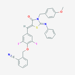 molecular formula C32H23I2N3O3S B423515 2-[(2,6-diiodo-4-{(Z)-[(2E)-3-(4-methoxybenzyl)-4-oxo-2-(phenylimino)-1,3-thiazolidin-5-ylidene]methyl}phenoxy)methyl]benzonitrile 
