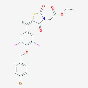 molecular formula C21H16BrI2NO5S B423558 Ethyl (5-{4-[(4-bromobenzyl)oxy]-3,5-diiodobenzylidene}-2,4-dioxo-1,3-thiazolidin-3-yl)acetate 