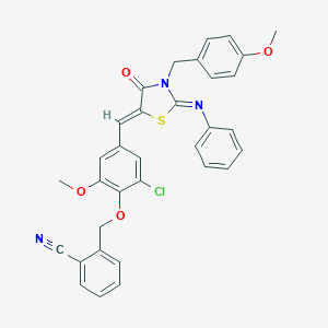 molecular formula C33H26ClN3O4S B423633 2-[(2-chloro-6-methoxy-4-{(Z)-[(2E)-3-(4-methoxybenzyl)-4-oxo-2-(phenylimino)-1,3-thiazolidin-5-ylidene]methyl}phenoxy)methyl]benzonitrile 