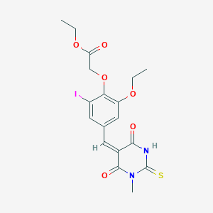 molecular formula C18H19IN2O6S B423637 ethyl {2-ethoxy-6-iodo-4-[(E)-(1-methyl-4,6-dioxo-2-thioxotetrahydropyrimidin-5(2H)-ylidene)methyl]phenoxy}acetate 