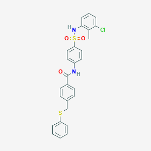 molecular formula C27H23ClN2O3S2 B423862 N-{4-[(3-chloro-2-methylanilino)sulfonyl]phenyl}-4-[(phenylsulfanyl)methyl]benzamide 