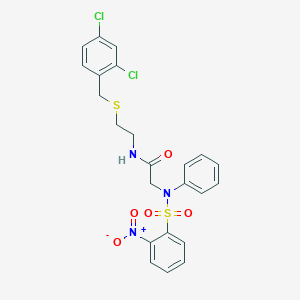 molecular formula C23H21Cl2N3O5S2 B423948 N-{2-[(2,4-dichlorobenzyl)sulfanyl]ethyl}-2-[({2-nitrophenyl}sulfonyl)anilino]acetamide 