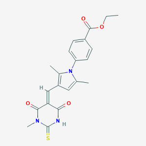 molecular formula C21H21N3O4S B424309 ethyl 4-{2,5-dimethyl-3-[(E)-(1-methyl-4,6-dioxo-2-thioxotetrahydropyrimidin-5(2H)-ylidene)methyl]-1H-pyrrol-1-yl}benzoate 
