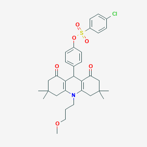 molecular formula C33H38ClNO6S B424580 4-[10-(3-Methoxypropyl)-3,3,6,6-tetramethyl-1,8-dioxo-1,2,3,4,5,6,7,8,9,10-decahydro-9-acridinyl]phenyl 4-chlorobenzenesulfonate 