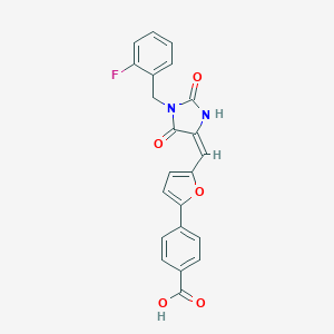 molecular formula C22H15FN2O5 B424703 4-(5-{[(4E)-1-[(2-FLUOROPHENYL)METHYL]-2,5-DIOXOIMIDAZOLIDIN-4-YLIDENE]METHYL}FURAN-2-YL)BENZOIC ACID 