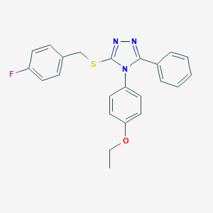 molecular formula C23H20FN3OS B425135 ethyl 4-{3-[(4-fluorobenzyl)sulfanyl]-5-phenyl-4H-1,2,4-triazol-4-yl}phenyl ether 