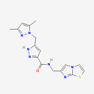 molecular formula C16H17N7OS B4254870 5-[(3,5-dimethylpyrazol-1-yl)methyl]-N-(imidazo[2,1-b][1,3]thiazol-6-ylmethyl)-1H-pyrazole-3-carboxamide 
