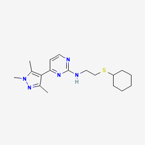 molecular formula C18H27N5S B4260039 N-(2-cyclohexylsulfanylethyl)-4-(1,3,5-trimethylpyrazol-4-yl)pyrimidin-2-amine 