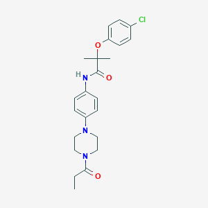 2-(4-chlorophenoxy)-2-methyl-N-[4-(4-propanoylpiperazin-1-yl)phenyl]propanamide
