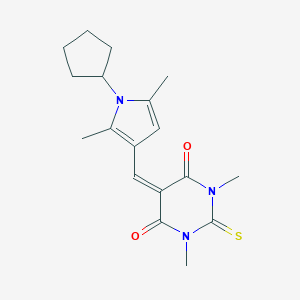 molecular formula C18H23N3O2S B426277 5-[(1-cyclopentyl-2,5-dimethyl-1H-pyrrol-3-yl)methylene]-1,3-dimethyl-2-thioxodihydro-4,6(1H,5H)-pyrimidinedione 