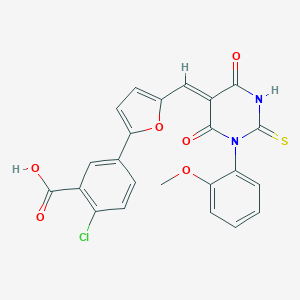 molecular formula C23H15ClN2O6S B426382 2-chloro-5-(5-{(Z)-[1-(2-methoxyphenyl)-4,6-dioxo-2-thioxotetrahydropyrimidin-5(2H)-ylidene]methyl}furan-2-yl)benzoic acid 