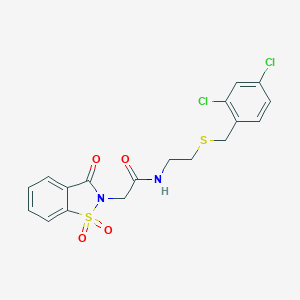 molecular formula C18H16Cl2N2O4S2 B426468 N-{2-[(2,4-dichlorobenzyl)sulfanyl]ethyl}-2-(1,1-dioxido-3-oxo-1,2-benzisothiazol-2(3H)-yl)acetamide CAS No. 586988-95-6