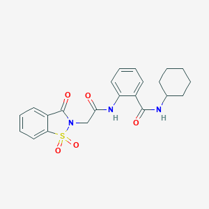 molecular formula C22H23N3O5S B426543 N-cyclohexyl-2-{[(1,1-dioxido-3-oxo-1,2-benzisothiazol-2(3H)-yl)acetyl]amino}benzamide CAS No. 577770-67-3