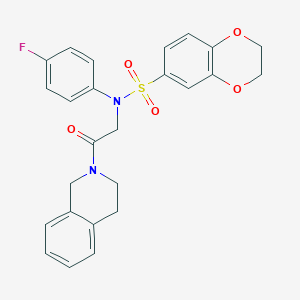 molecular formula C25H23FN2O5S B426612 N-[2-(3,4-dihydroisoquinolin-2(1H)-yl)-2-oxoethyl]-N-(4-fluorophenyl)-2,3-dihydro-1,4-benzodioxine-6-sulfonamide 