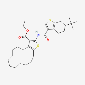 molecular formula C31H45NO3S2 B4266438 Ethyl 2-[[[6-(1,1-dimethylethyl)-4,5,6,7-tetrahydrobenzo[b]thien-3-yl]carbonyl]amino]-5,6,7,8,9,10,11,12,13,14-decahydro-4H-cyclotrideca[b]thiophene-3-carboxylate CAS No. 438227-15-7