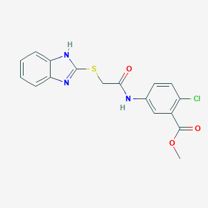 molecular formula C17H14ClN3O3S B426702 methyl 5-{[(1H-benzimidazol-2-ylsulfanyl)acetyl]amino}-2-chlorobenzoate 