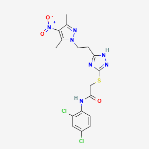 molecular formula C17H17Cl2N7O3S B4267695 N-(2,4-dichlorophenyl)-2-({5-[2-(3,5-dimethyl-4-nitro-1H-pyrazol-1-yl)ethyl]-4H-1,2,4-triazol-3-yl}thio)acetamide 